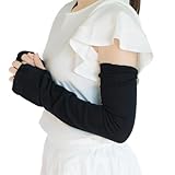 [自然靴下natural sunny] リネンコットン アームカバー 指穴あり ロング丈 60cm ユニセックス UVカット率最大99.7％ (ブラック)
