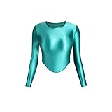 [MJINM] ラウンドヘム 長袖 トップス ショート丈 シルキー フィット レディース レオタード ストレッチ インナー コスプレ(ターコイズ、M)
