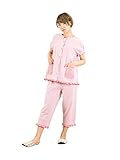 (ミタケ） 肌にやさしい綿100%　半袖×7分丈パンツ　ストライプ柄フリル付き　レディースパジャマ 【レッド M】
