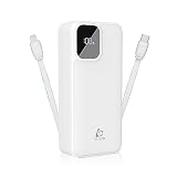 モバイルバッテリー 30000mAh ケーブル内蔵 (Type-C+ライトニング内蔵) 3台同時充電 急速充電 Micro-B&Type-C入力 スマホ充電器 LCD残量表示 PSE認証済 iPhone/iPad/Android対応 ホワイト