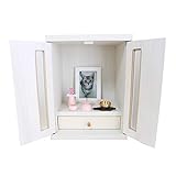 ペット仏壇 メモリアルボックス 観音扉 窓付き 家具調 ホワイト 骨壷収納 ペット仏具8点 肉球おりん敷き おりんセット付 大型犬も (ピンク)