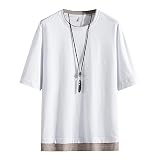[Hiboss] tシャツ メンズ 半袖 無地 重ね着風 大きいサイズ ゆったり 五分袖 メンズ 夏服 白XXL