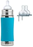 Pura Kiki Stainless Steel Infant Bottle with Silicone Plus 2 Y-Cut Nipples 11 Ounce Aqua [並行輸入品]