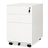 DEVAISE ワゴン キャスター付き サイドワゴン サイドキャビネット オフィスワゴン デスクワゴン プリンターワゴン インキャビネット プリンター台 袖机 ３段オールロック 鍵付きスチール製 ホワイト PB 新生活