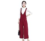 [RSWHYY] レディース サロペット オールインワン オーバーオール サスペンダー カジュアル 春秋 Vネック ガウチョパンツ ハイウェスト 無地 つなぎ服 ゆったり 九分丈 レッド S