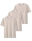 Sukinana 7.7oz tシャツ メンズ 半袖 綿100% 肉厚生地 3/5枚組 透けない 三本針 無地 ヘビーウェイト ティーシャツ 丸首 抗菌防臭 インナーシャツ 吸汗性 複数色選び (JP, アルファベット, M, ライトカーキ(3枚組))
