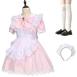 [COSSA] メイド服 コスプレ 萌え コンカフェ メイド 可愛い レース メイドコスチューム ショート丈 ロリータ ワンピース 大きいサイズ 仮装 ハロウィン 女装 人気 学園祭 レディース メンズ ハイソックス付き 5点セット 6色展開 (ピンク, S)