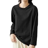 [EAXGO] 【綿100！当店１番人気】ロンティー レディース 長袖tシャツ トップス 【トレンドの新定義・ゆる感・小顔効果】 カットソー クルーネック ティーシャツ ロングスリーブ 無地 カジュアル ゆったり 重ね着 きれいめ オシャレ 秋 (M, ブラック)