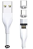 マグネット充電ケーブル 白 3A 2m × 1本 7ピン 安定 急速充電 + データ転送 USBケーブル (Type-A) 360度+180度=540度回転 MicroUSBマグネット端子 ×1 / Type-Cマグネット端子 ×1 着脱式 防塵 磁気充電