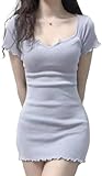 [JINZUOMA] レディース ワンピース セクシーワンピース ミニワンピース タイトワンピース 夏 ミニ タイト 半袖 Vネック シンプル 無地 柔らか カジュアル 通勤 日常着 (グレーブルー,L,L)