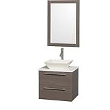WyndhamコレクションAmare 24インチシングルグレーオークホワイト人工石トップwithボーンで磁器シンク、および24インチの浴室洗面化粧台ミラー