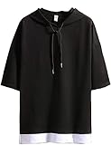 [Poperdision] Tシャツ メンズ 夏服 メンズ ゆったり 七分袖 半袖パーカー カジュアル Tシャツ プルオーバー フード付き かっこいいtシャツ black M
