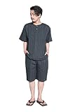 甚平 パジャマ メンズ 夏 ヘンリーネック 綿麻 おしゃれ 男性 かっこいい BOTAN (L, 紺 × 白)
