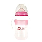 色の変わる哺乳瓶 40-43℃ BPAフリー 耐熱ガラス製 シリコングラス ハンドル付き 耐衝撃 180ml Lサイズ 乳首付き (ピンク)