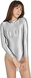 XL シルバー AMORESY/アモレシー ハイレグレオタード コスチューム 競泳水着風 ストレッチ生地 フルバック 男女兼用 ユニセックス 光沢 長袖