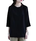 [Muzly] 綿100％ tシャツ レディース カットソー 7分袖 涼しい カジュアル 大きいサイズ 無地 春 夏(XL, ブラック)