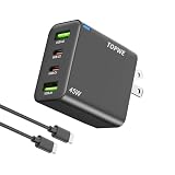 TOPWE 45W 充電器 type-c 急速充電器 4ポート usb-c PD対応 usb c コンセント acアダプター 【PSE認証済・小型・軽量】タイプc iPad iPhone Xperia Galaxy Google Pixel など対応 C-Cケーブル付き(折りたたみ式プラグ, グレー)