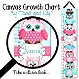 Personalized Kidsキャンバス成長チャートピンクとターコイズStacked Up Owl FriendsダマスクBaby NurseryキャンバスGrowth Chart gc0150
