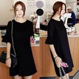 【ld108832】綿100％ ラッフル袖 5分袖 フリル 授乳服 ワンピース マタニティ 結婚式 お宮参り (フリー, ブラック)