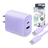 急速充電器 type-c iphone 充電器 2ポート ケーブル付 PD 20W USB acアダプター 高速 スマホ Android カラフル おしゃれ (パープル, AC充電器+タイプC to タイプC)