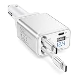 カーチャージャー シガーソケット USB [巻取り式 65CM Type-C ケーブルPD30W] 急速充電 電圧計 デジタル表示 総47W 車 充電器 しがーそけっと 4台同時充電 12V/24V車対応 iPhone16 15 14 iPad Android Macbook対応 省スペース スッキリ収納 シルバー