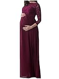 Nicellyer 女性のソリッドカラーの出産のボートネックレースのフルの長さのドレス Wine Red XL