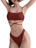 [ISLAYCAOLILA] 水着 レディース ビキニ セット クロス ハイレグ スイムドレス キャミソール セパレート パッドなし ワイヤー入り EA4 アリタ (L, マルーン)