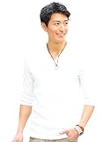 [MENZ-STYLE] メンズスタイル カットソー メンズ tシャツ 七分袖 半袖 vネック テレコ ランダム編みテレコVネックカットソー M/L/LL/3L(ホワイト M)