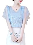 [ＳＨＵＭＩＮＧ]tシャツ レディース スパンコール チュール Vネック シフォン トップス シャツ ブラウス ゆったり 大きいサイズ オシャレ 無地 ノースリーブ リボン飾り プルオーバー 上品 夏 ピンクシャツ(4ブルー)