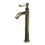 洗面水栓 蛇口 水栓金具 単水栓 シングルレバーハンドル 陶器 トールタイプ ゴールド（金） [奥行16×吐水口高22.5cm] INK-0302052HT