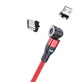 磁石充電ケーブル5 pin 540度回転18 W 3 A急速充電データ転送対応 2 in 1 usb充電ケーブルType-C/Micro USBなど対応 磁石 磁気 防塵 着脱式LEDライト付き,赤.