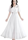 [YOUYOUOK] レディース シフォン ワンピース ロングスカート Vネック 白いワンピース サマードレス ビーチドレス 着やせ 流行する 結婚式ドレス 体型カバー 通勤 (ホワイト,S)