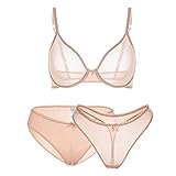 Varsbaby ブラジャー ショーツ 3点セット下着女性 透け感 シースルー ランジェリー パッド無しブラジャー (V279+N082-Beige,70B, ベージュ)