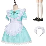 [COSSA] メイド服 コスプレ 萌え コンカフェ メイド 可愛い レース メイドコスチューム ショート丈 ロリータ ワンピース 大きいサイズ 仮装 ハロウィン 女装 人気 学園祭 レディース メンズ ハイソックス付き 5点セット 6色展開 (グリーン, 4XL)