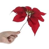 コレクションof 12 Festive Holiday Red Velveteen Large人工Poinsetia花を茎
