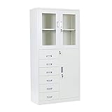スチールキャビネット 完成品 観音扉タイプ アクリル窓仕様 ホワイト 鍵付き スペアキー付き 可動棚付き 6段引き出し付き 書庫 スチール製 スチール書庫 保管庫 収納 オフィス 事務所 会社 店舗 病院 学校 業務用 スチール キャビネッ