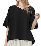 [andrei] アンドレイ ブラウス シャツ 半袖 v ネック プルオーバー 大人 カジュアル ゆったり シンプル 体型 カバー レディース (L, 黒)