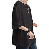 [Hiboss] tシャツ メンズ 半袖 大きいサイズ 7分袖 無地 ラウンドカット おしゃれ 夏服 メンズ tシャツ 黒4XL