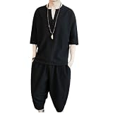 foveitaa 夏服 メンズ 部屋着 和風 服 Tシャツ 七分袖 麻 シャツ 半袖 トップス ハーフパンツ ショート パンツ 上下 Vネック 和式パーカー セット アップ 無地 柄 Black M