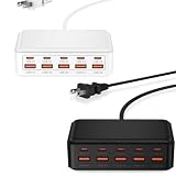 【2025年 合計70W出力・10ポート】 USB充電器 5USB-C+5USB-A 急速充電 usb コンセント ACアダプター スマホ タブレット対応 PD/QC/PPS対応 PSE認証付き デスク充電ステーション コンパクト 旅行/家庭/オフィス用 ホワイト+ブラック(2個セット)