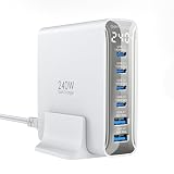 TOPADRE 240w 充電器 PD3.1対応 6ポート同時急速充電【C1 単ポート140W MAX/ディスプレイ搭載 /1.5mケーブル付】USB コンセント GaNFastⅢ 対応 PCに急速充電対応 MacBook Pro14”/16” 対応 Macbook M4/iPad Pro/iPhone 16/15/Galaxy/Android/その他 (ホワイト)