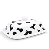 fanquare セラミックバターディッシュ 盛り上がった脚付き シンプルな磁器製バターホルダー 蓋付き バターキーパー カフェテリア キッチン カウンタートップ用 牛柄