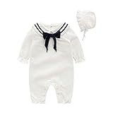 Babybobo ベビー服 ロンパース 海軍風 カバーオール 帽子付き ロンパース+帽子 二点セット 綿 サス ペンダーパンツ 蝶結びネクタイ 長袖 子供服 赤ちゃん ２色(ホワィト 73)