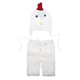 新生児写真撮影プロップ赤ちゃんかぎ針編みニットロングパンツ服装+かわいいチキンハット2個 ホワイト