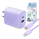 急速充電器 ライトニング iphone ケーブル付 PD 20W 充電器 2ポート type-c Android acアダプター USB 高速 スマホ カラフル おしゃれ (パープル, AC充電器+タイプC to ライトニング)