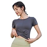 [Yomoment] ヨガウェア レディース 裾ねじり ラウンドネック カップなし 速乾吸汗 ピラティス ウェア ストレッチ スポーツtシャツ クロップド無地半袖シャツ ジム ダークグレー:M