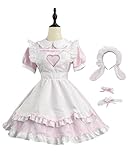 [YZZYQQ] メイド服 コスプレ イギリス風 メイド コスチューム ロング 半袖 かわいい 萌え 喫茶店 ワンピース ドレス フリル 大きいサイズ セット ピンク L