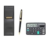 ミニ電卓付 エコレザーペンケース メタルリングキャップスライド式レトロペンセット T23-D-BR-B-8838B