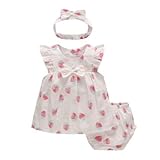 ［tinyCute］半袖ワンピース風ロンパース　パンツ　ヘアバンド　3点セット　6～9ヶ月 70cm m ピンク イチゴ柄