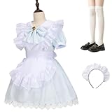[COSSA] メイド服 コスプレ 萌え コンカフェ メイド 可愛い レース メイドコスチューム ショート丈 ロリータ ワンピース 大きいサイズ 仮装 ハロウィン 女装 人気 学園祭 レディース メンズ ハイソックス付き 5点セット 6色展開 (水色, 5XL)